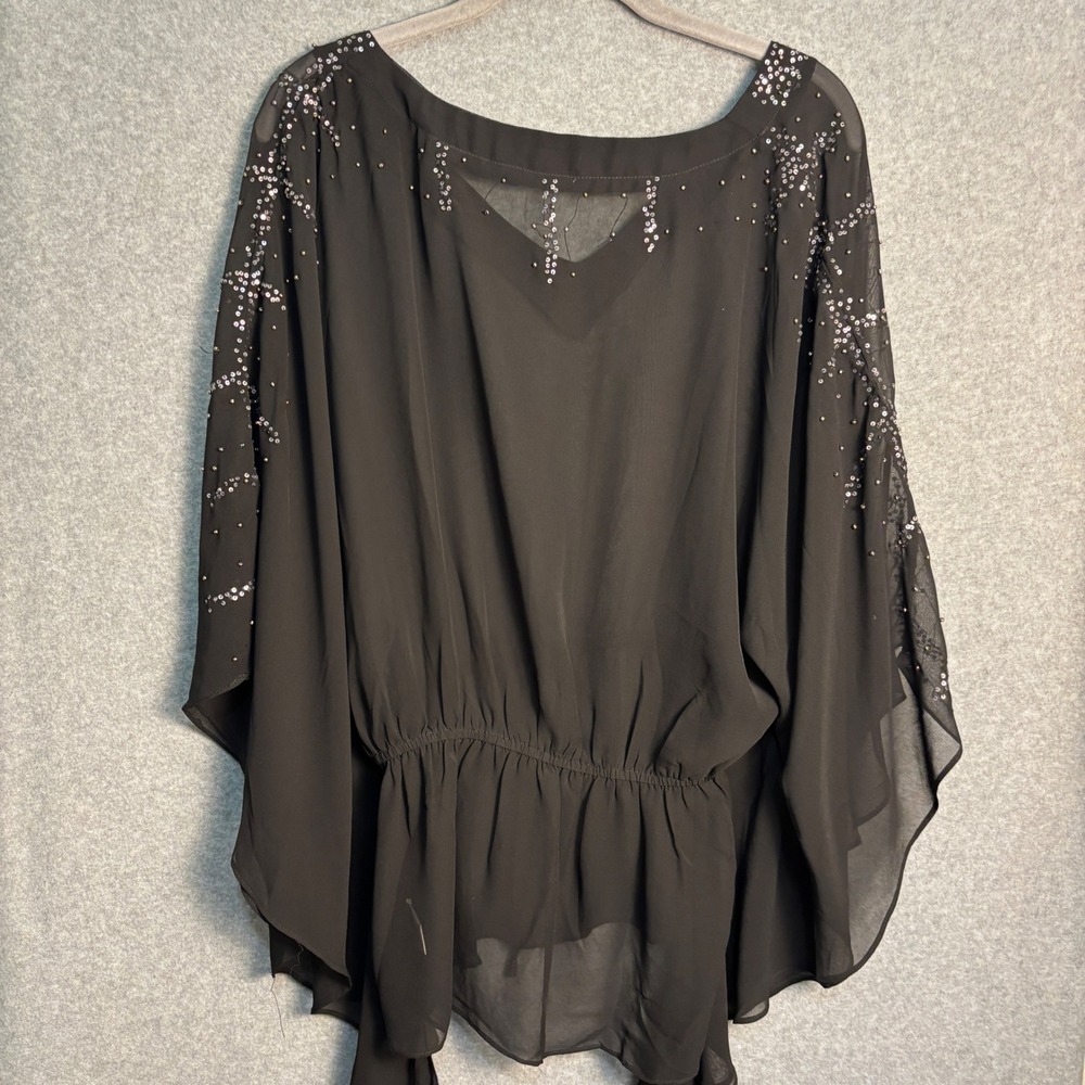Vintage Umgee USA Black Sequin Sheer Poncho Blouse Small Boho Evening Y2K Top - Picture 4 of 11
